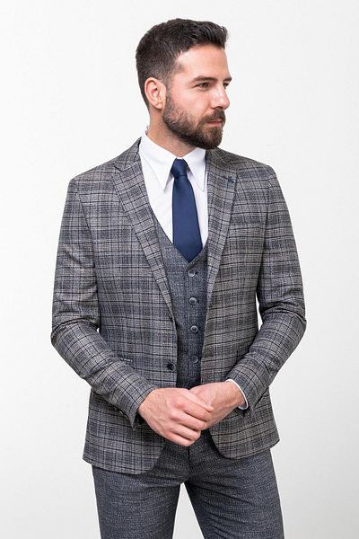 Mcr Plaid Slim Fit Combination Wool Men's Suit Navy Blue - 45259.23K