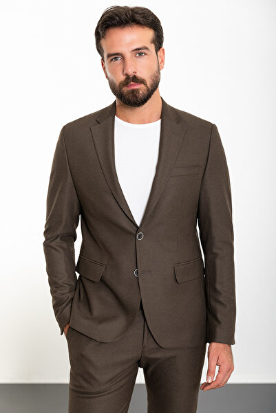 Mcr Straight Slim Fit Mono Collar Drawstring Men's Suit Coffee - 45287.23K