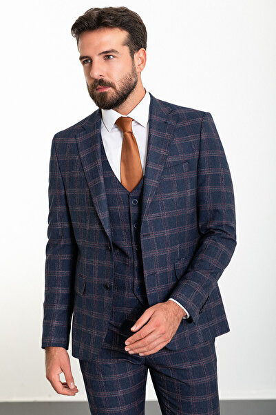 Mcr Ekoseli Slim Fit Mono Yaka Yün Erkek Takım Elbise Lacivert - 45290.23K