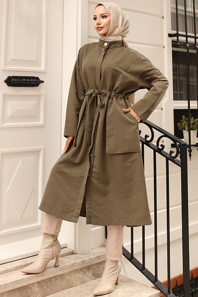 benguen Καμπαρντίνα 2171 Model Khaki - Λεπτομέρεια με κουμπιά και γιακά με ζώνη