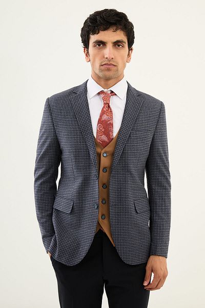 Mcr Checkered Slim Fit Mono Collar Combination Men's Suit Navy Blue - 45357.24K