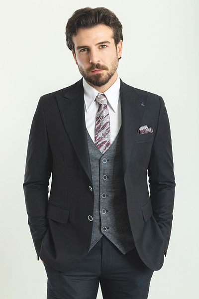 Mcr Straight Slim Fit Wide Collar Combination Wool Men's Suit Navy Blue - 45178.22K