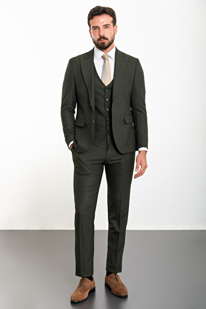 Mcr Düz Slim Fit Geniş Yaka Yün Klasik Erkek Takım Elbise Haki - 45252.23K