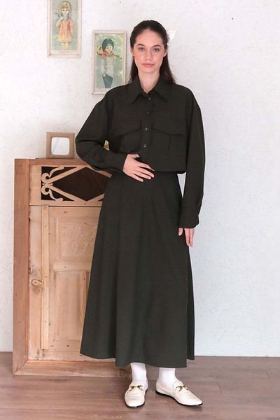 Ceylan Otantik Khaki Polyviscon Pocket Jacket Skirt Set