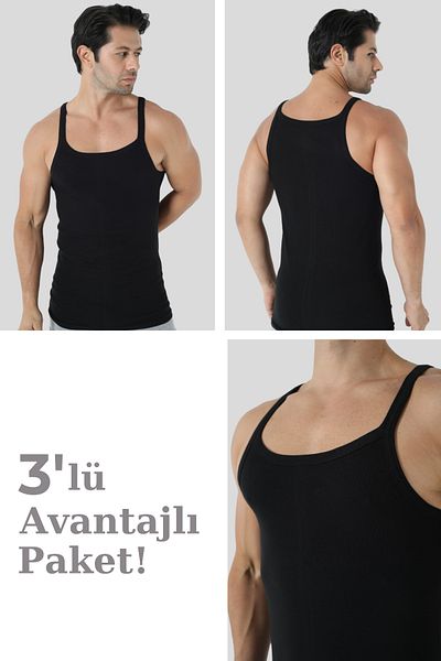 Arma Yıldız Men's Black Thin Strap Athlete 100% Cotton Economical Pack of 3