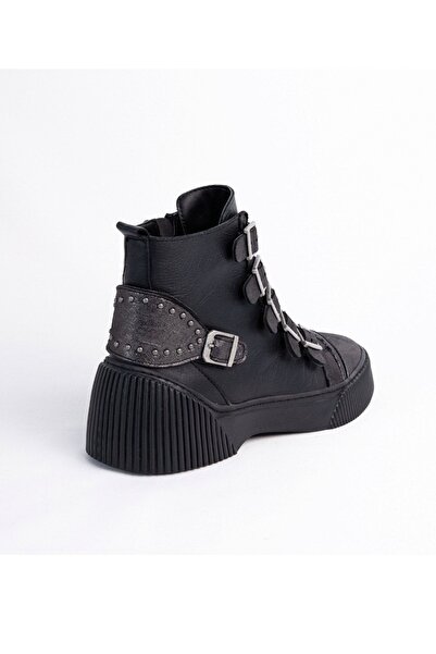İNZE AYAKKABI Black- Gray Genuine Leather Boots - Model Name Hepburn