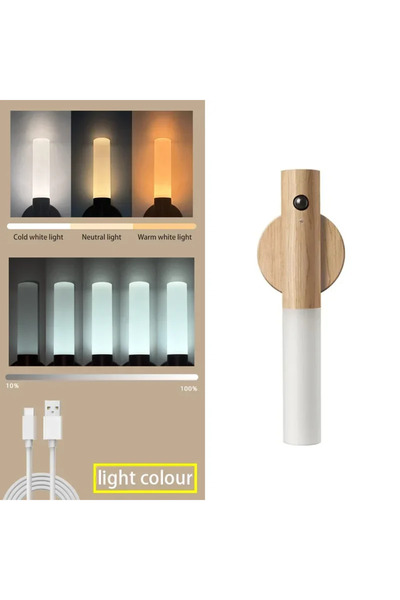 Pzsunly مصباح حائط LED قابل لإعادة الشحن من الخشب مزود بمستشعر حركة لاسلكي من النوع C لمجموعة بجانب السرير وغرفة النوم...