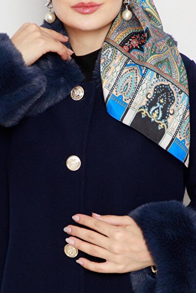 Sevitli Collar and Sleeve Fur Detailed Coat-Navy Blue