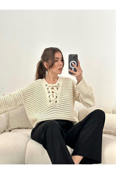Jose Clothing Pulover tricot cu mânecă lungă cu decupaj supradimensionat ajurat Jorens