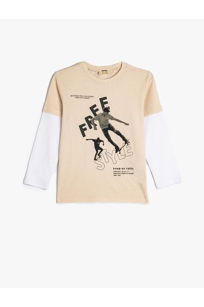 Koton Tricou cu mânecă lungă cu skateboard imprimat cu gât crew