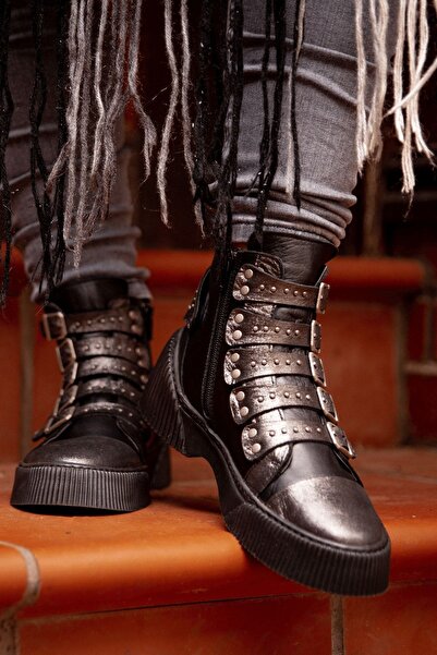 İNZE AYAKKABI Black- Gray Genuine Leather Boots - Model Name Hepburn