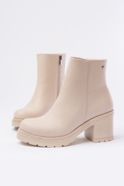 serkanseyyid 767-3020 Bej Fermuarlı Kalın Topuklu Günlük Kadın Bot