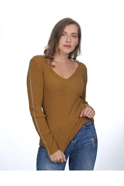 Blue Petrol Women's Ribbed Look Sleeve Detailed Body-Hugging V-Neck Blouse-Sweater