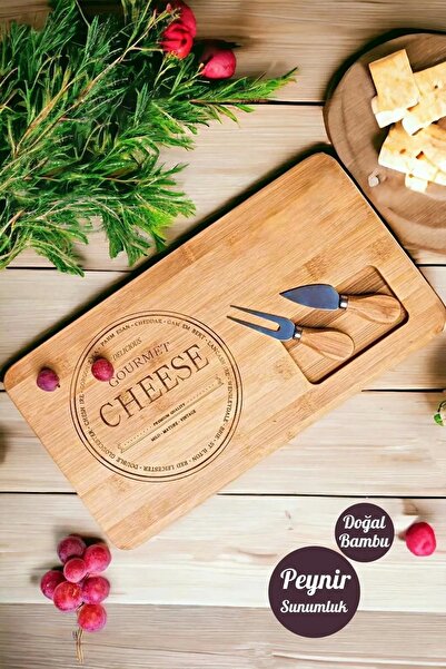 Berdina Home Gourmet Cheese Peynir Sunum Tahtası 3 Bıçaklı Naturel Bambu Kahvaltı Servis Sunum Yemek Tabağı Seti