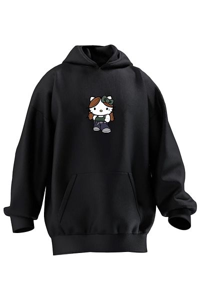 NMG TEKSTİL Unisex Premium Cotton Black Hello Kitty Green Ribbon Printed 3 Thread Hooded Sweatshirt