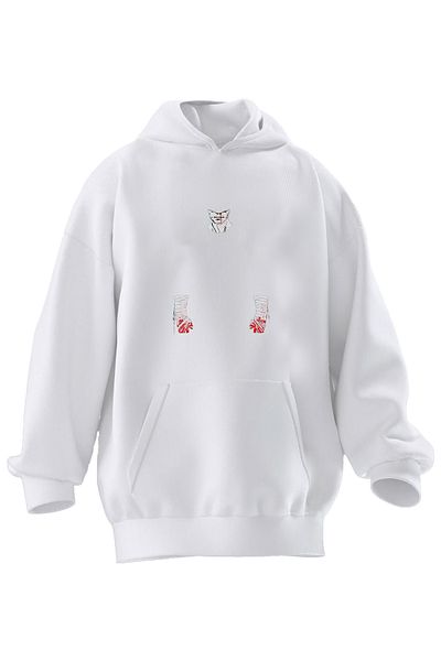 NMG TEKSTİL Hanorac cu glugă unisex din bumbac premium alb, cu jumătate de mână, imprimat cu 3 fire