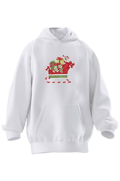 NMG TEKSTİL Unisex Premium Βαμβακερό Λευκό Δώρο Χριστουγεννιάτικο Φούτερ με κουκούλα με 3 νήματα