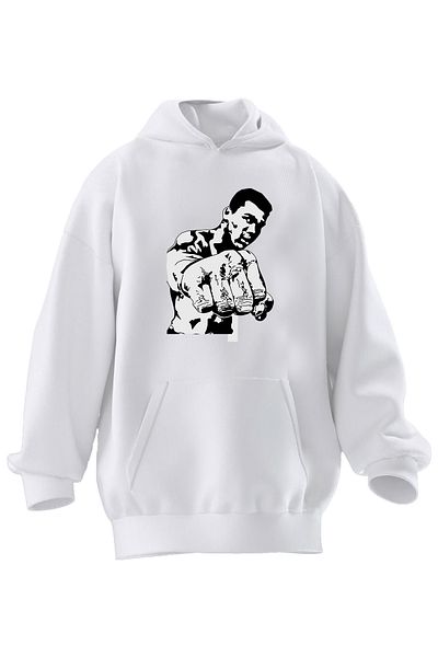 NMG TEKSTİL Φούτερ με κουκούλα Unisex Premium βαμβακερό λευκό Muhammad Ali με στάμπα με 3 νήματα
