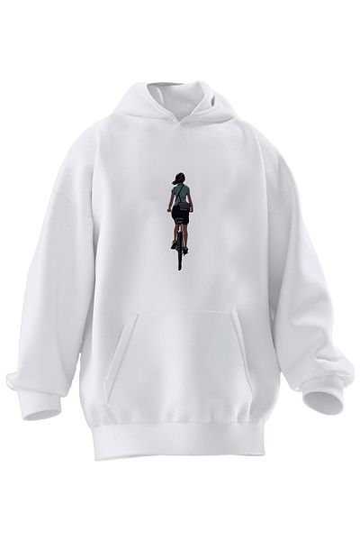 NMG TEKSTİL Φούτερ Unisex Premium βαμβακερό λευκό ποδηλατικό κορίτσι με στάμπα με κουκούλα 3 νημάτων