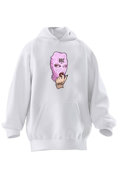 NMG TEKSTİL Hanorac cu glugă unisex din bumbac premium alb Bbc roz cu imprimeu cu 3 fire