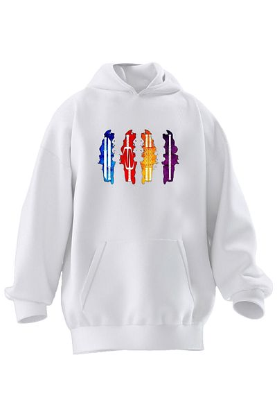 NMG TEKSTİL White Ninja Colored Unisex Hooded Sweatshirt - 3 Thread Premium Cotton