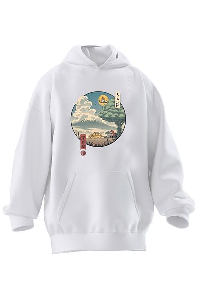 NMG TEKSTİL Hanorac cu glugă unisex din bumbac premium alb cu model japonez imprimat cu 3 fire