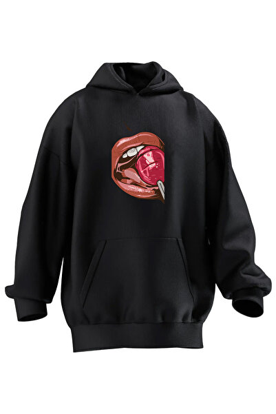 NMG TEKSTİL Unisex Premium Cotton Black Lollipop Lip Printed 3 Thread Hooded ...