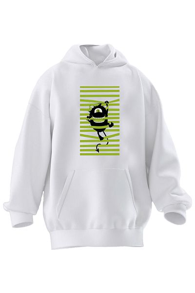 NMG TEKSTİL Φούτερ με κουκούλα Unisex Premium Βαμβακερό Λευκό Πράσινο Ριγέ χαρακτήρα με στάμπα 3 νημάτων