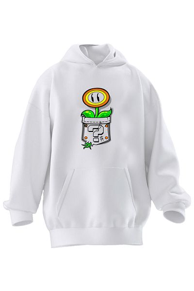 NMG TEKSTİL White Mario Flower Printed Premium Unisex Sweatshirt - 3 Thread Hooded