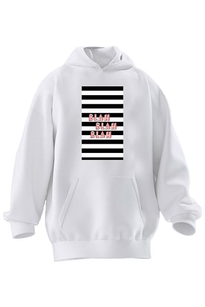 NMG TEKSTİL Φούτερ Unisex Premium Βαμβακερό Λευκό Blah Blah Blah με κουκούλα με 3 νήματα