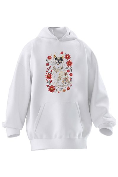 NMG TEKSTİL Φούτερ Unisex Premium βαμβακερό λευκό φλοράλ γάτα με κουκούλα με 3 νήματα