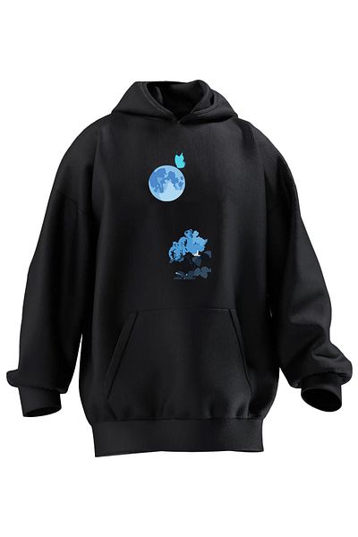 NMG TEKSTİL Unisex Premium Cotton Black Moon Flower Blue Printed 3 Thread Hooded Sweatshirt