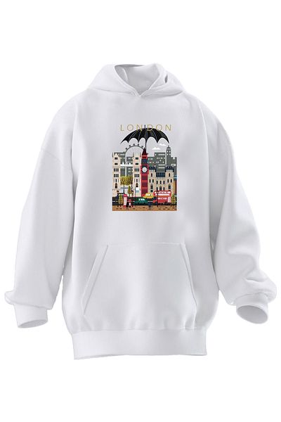 NMG TEKSTİL Φούτερ Unisex Premium Cotton White Lodon City με κουκούλα με 3 νήματα