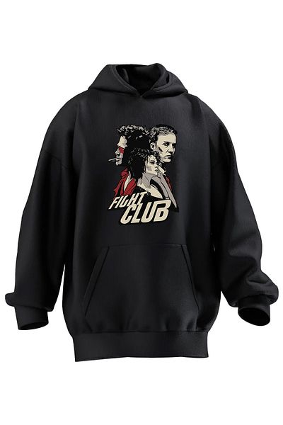 NMG TEKSTİL Φούτερ με κουκούλα Unisex Premium Cotton Black Fight Club με τυπωμένη αφίσα με 3 νήματα