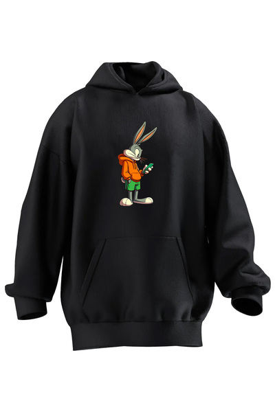 Unisex Premium Pamuk Siyah Yeşil Şort Bugs Bunny Baskılı 3 İplik Kapüşonlu Sweatshirt