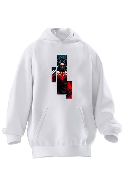 NMG TEKSTİL Unisex Premium Cotton White 3-Piece Mirror Printed 3 Thread Hooded Sweatshirt