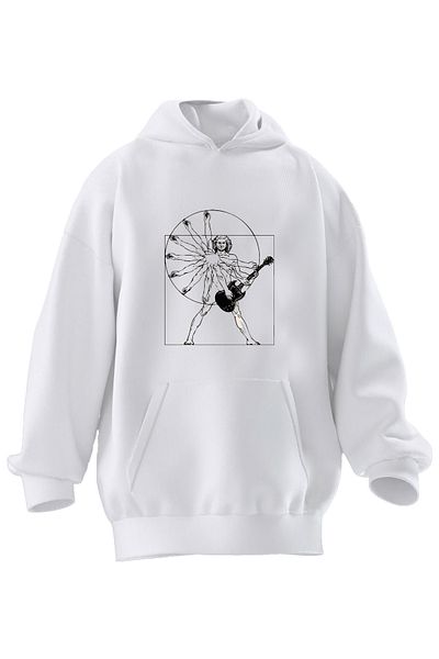 NMG TEKSTİL Φούτερ με κουκούλα Unisex Premium βαμβακερή λευκή περιστρεφόμενη κιθάρα με στάμπα 3 νημάτων