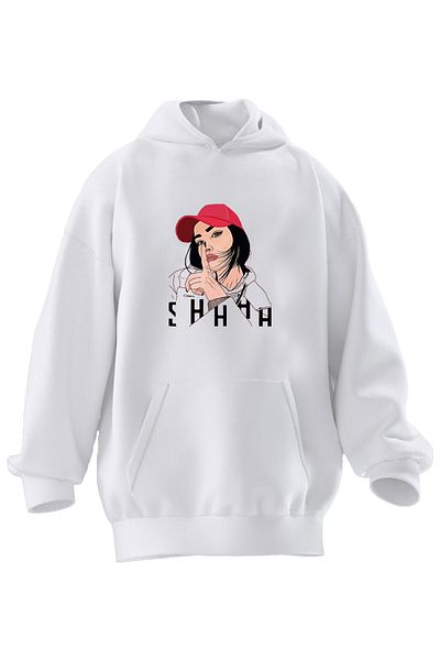 NMG TEKSTİL Φούτερ Unisex Λευκό Κόκκινο Καπέλο με κουκούλα - Βαμβακερό Premium 3 νημάτων