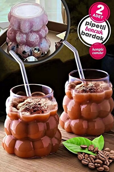Maridet 2li Boncuklu Pipetli Cam Bardak Üzüm Deseni 350 ML Meşrubat Su Kahve ...