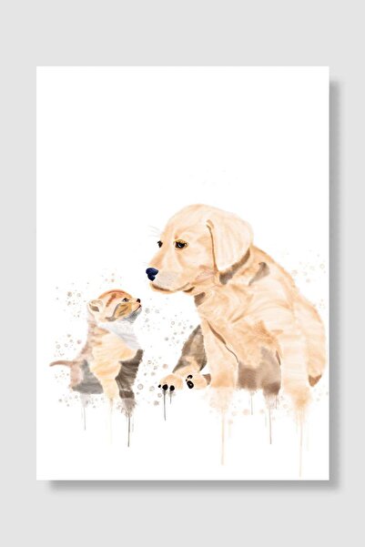 kubdekor Akvarel Kedi ve Köpek Sanatı Çocuk Odası Duvar Poster