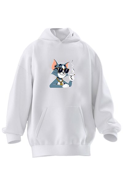 NMG TEKSTİL Φούτερ Unisex Premium Βαμβακερό Λευκό Rich Tom με κουκούλα με 3 νήματα