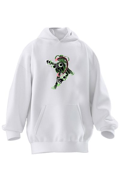 NMG TEKSTİL Φούτερ Unisex Premium Cotton White Creature Πράσινη στάμπα με κουκούλα με 3 νήματα