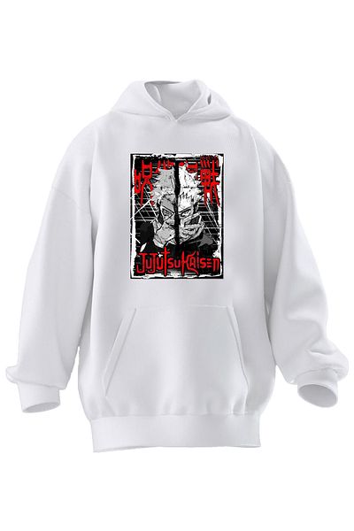 NMG TEKSTİL Φούτερ με κουκούλα Unisex Premium βαμβακερό λευκό Jujutsu με στάμπα 3 νημάτων
