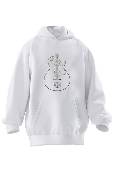 NMG TEKSTİL Φούτερ με κουκούλα Unisex Premium από βαμβακερό λευκό τριφύλλι με στάμπα κιθάρας με 3 νήματα
