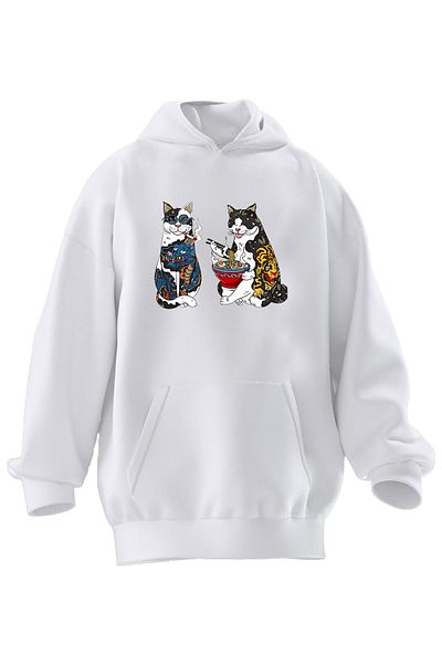 NMG TEKSTİL Φούτερ με κουκούλα Unisex Premium βαμβακερό λευκό καθιστό γάτες με στάμπα 3 νημάτων
