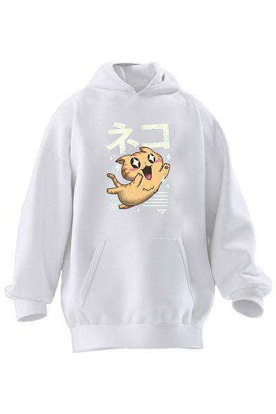 NMG TEKSTİL Hanorac cu glugă unisex din bumbac premium alb cu imprimeu japonez cu 3 fire