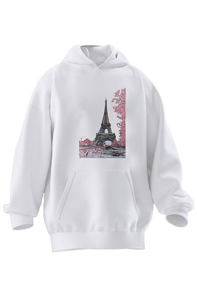 NMG TEKSTİL Λευκό φούτερ Unisex με κουκούλα με 3 νήματα με στάμπα του Πύργου του Άιφελ
