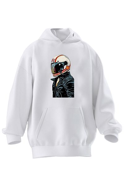 NMG TEKSTİL Λευκό φούτερ Unisex Biker με κουκούλα - 3 νήματα Premium βαμβάκι