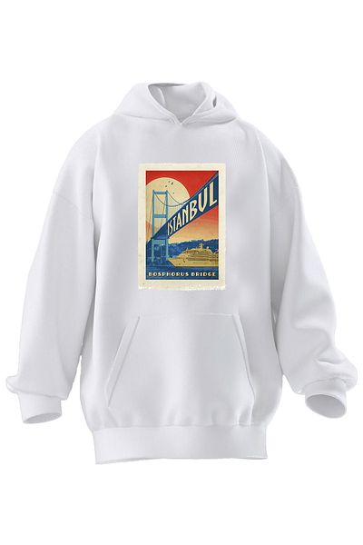 NMG TEKSTİL Φούτερ με κουκούλα Unisex Premium Βαμβακερό Λευκό Κωνσταντινούπολη με μοτίβο με 3 νήματα