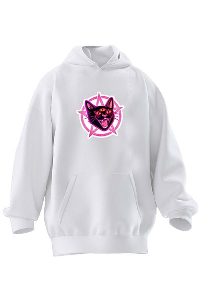 NMG TEKSTİL Φούτερ Unisex Premium βαμβακερή λευκή γάτα με κουκούλα με στάμπα με τρία νήματα